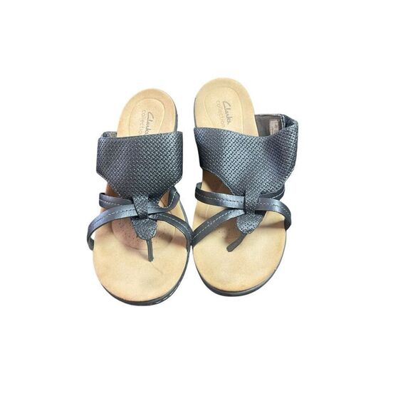 Clarks Women's Black Leather Slip On Laurieann Edge Flat Sandal Size 10 - Picture 1 of 13